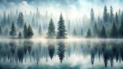 Fototapeta premium Seamless pattern of foggy spruce forest reflected in river with Watercolor fir trees