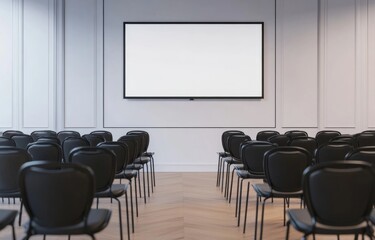 Obraz premium Minimalist Conference Room with a White Wall, Large Flat-Screen, and Rows of Black Chairs on Light Wood Floors, Creating a Bright and Airy Atmosphere.