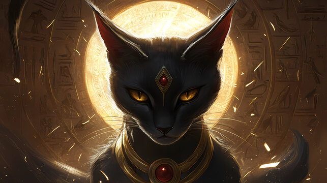 Fantasy potrait illustration of bastet the egyptian cat goddess. Celestial Guardian. Illustration