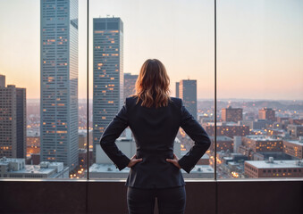 Empowered woman in suit looking out over city skyline