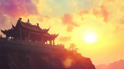 Fototapeta premium Serene Sunset Over Traditional Eastern Architecture