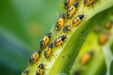 Harmful insects on sweet corn plants in close-up image for agricultural monitoring and pest management