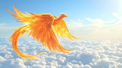 Obraz premium Flame shaped phoenix soaring gracefully over the vast sky his vast wings fluttered like flames the golden feathers shone brightly. Golden Phoenix. Illustration
