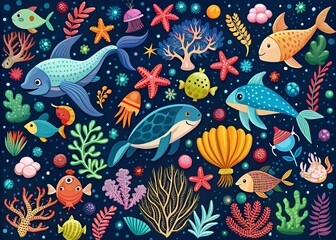 Naklejka premium Vibrant Marine Life Doodles in Flat Style on Dark Blue Background for Underwater World Illustration