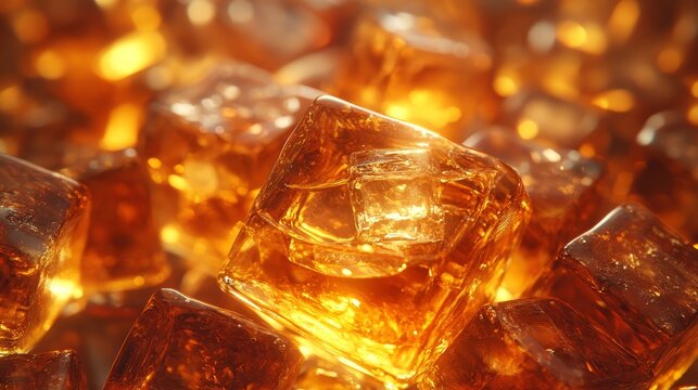 Whiskey glasses with ice cubes, warm glowing light highlighting the rich, deep amber tones, creating a luxurious, cooling vibe, glowing whiskey, premium refreshment