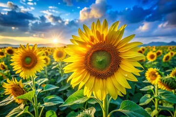 Vibrant Nature with Bright Yellow Sunflowers and Lush Green Leaves in a Refreshing Landscape