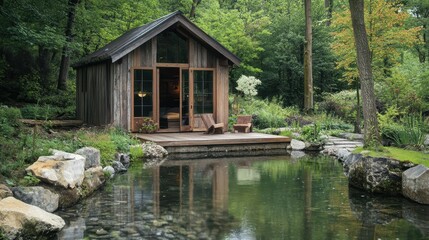 Obraz premium Cozy cabin by tranquil pond in lush forest setting