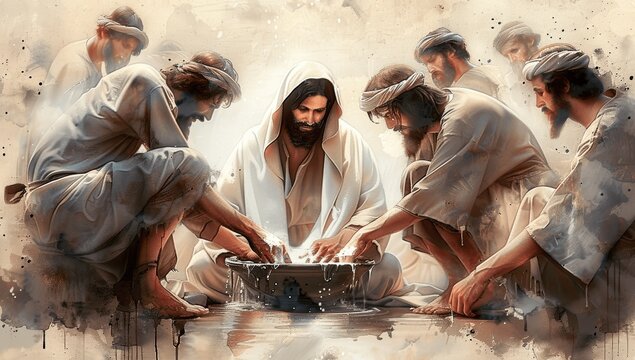 Jesus Washing Feet of Disciples, Watercolor Biblical Illustration
