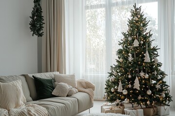 Obraz premium A modern Christmas setup with a sleek tree, minimalist decor, and a clean, stylish holiday look
