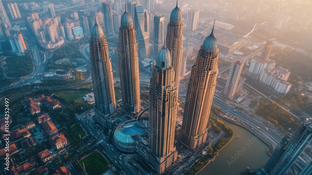 Poster aerial view of four modern skyscrapers in a city with a pool in the middle, surrounded by trees and 
