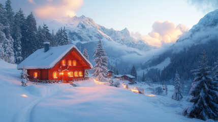 Wooden resort house in winter mountains