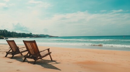 Beautiful beach. Chairs on the sandy beach near the sea. Summer holiday and vacation concept for tourism. Inspirational tropical landscape. Tranquil scenery, relaxing beach