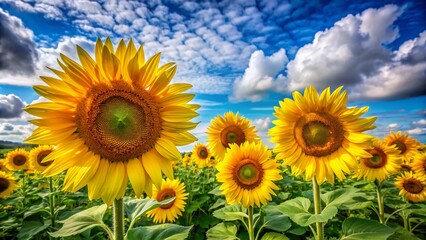 Obraz premium Vibrant Sunflowers in Bloom Under a Clear Blue Sky with Fluffy Clouds - Perfect Nature Photography