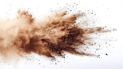 Abstract brown dust explosion on white background in sharp focus high resolution