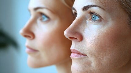 Fototapeta premium Before-and-after images of facelift results, highlighting long-term improvement in fine lines and deep wrinkles, close-up facial views, Realistic, Soft Lighting