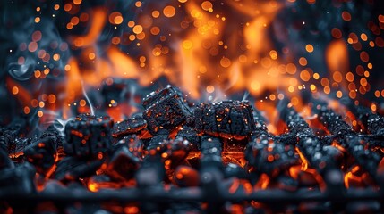 Barbecue grill with burning coals and sparks, fire bokeh effect