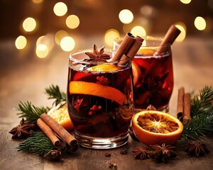 A glass mulled wine with spices, cinnamon sticks, and orange slices, warming up the Christmas evening