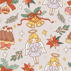 Naklejka premium Seamless pattern cartoon of angels, Christmas cakes and Christmas ornaments. It is a feminine pattern. Pattern for fabric and wrapping paper, Pattern for design wallpaper and fashion prints.