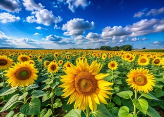 Fototapeta premium Vibrant Yellow Sunflower Field in Summer with Copy Space for Text and Design Elements