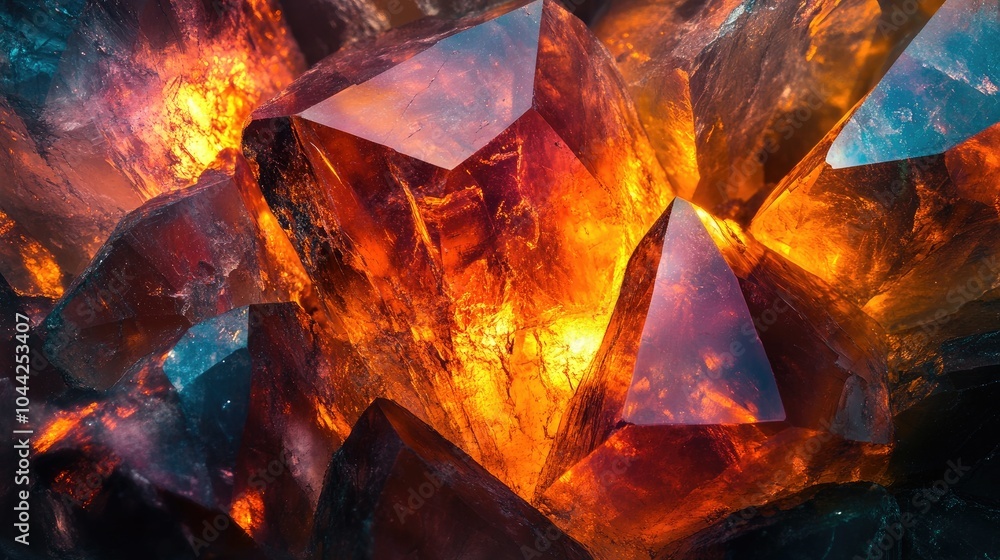 Poster a polished gemstone glowing under light, with its intricate internal patterns and brilliance capture