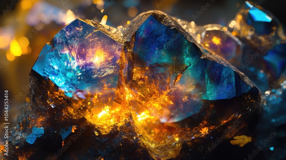 Poster a polished gemstone glowing under light, with its intricate internal patterns and brilliance capture