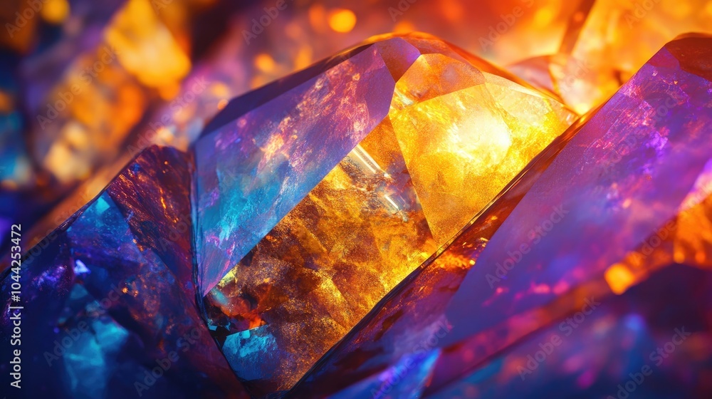 Poster a polished gemstone glowing under light, with its intricate internal patterns and brilliance capture