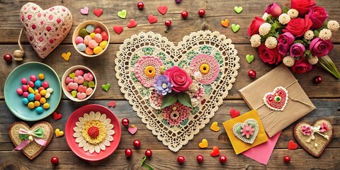 Fototapeta premium Vintage 60's Valentine's Day Decor with Retro Heart and Floral Designs for Romantic Nostalgia