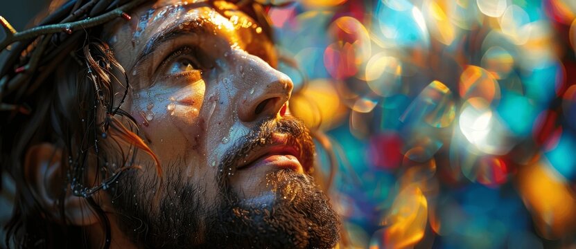 Jesus Christ Portrait in Front of Stained Glass