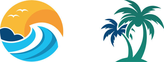 Wave beach palm logo design icon combination Vector illustration 