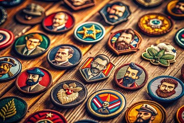 Fototapeta premium Vintage Badge Collection: Retro Seals and Emblems for Farm and Military Use, High Depth of Field Photography