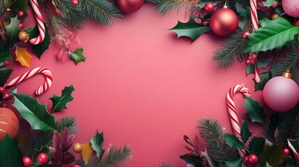 Fototapeta premium christmas background with space. xmas banner with leaves and ornaments