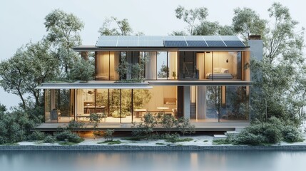 Obraz premium Transparent 3D model of a smart home with visible infrastructure, integrating solar panels, IoT devices, and smart appliances, surrounded by lush green landscape