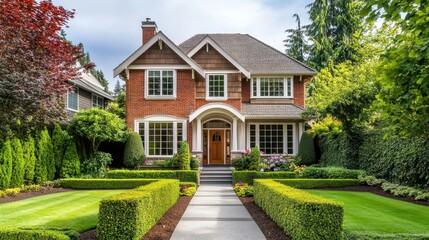 Fototapeta premium Charming Brick House Surrounded by Lush Gardens