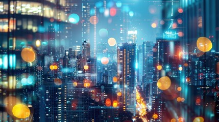 Naklejka premium Night Cityscape with Bokeh Effects and Bright Lights