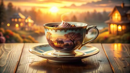 Obraz premium Vintage Porcelain Cup with Hot Chocolate - Double Exposure Photography in Pastel Colors