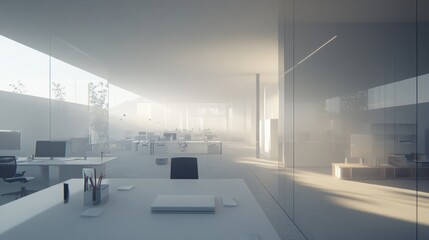 Obraz premium A modern office space with a minimalist design featuring a white desk with a laptop and a glass wall.