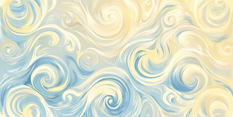 Abstract Seamless Pattern in Blue and Cream, Featuring Light Sky-Blue Background and Light Yellow Swirls.
