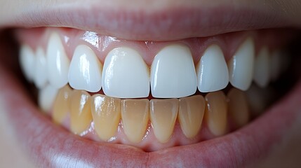 Time-lapse of a dental whitening treatment, starting with stained teeth and gradually progressing to a perfectly white, radiant smile over multiple sessions