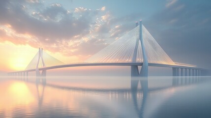 Obraz premium A Cable-Stayed Bridge Over a Calm Body of Water at Sunset