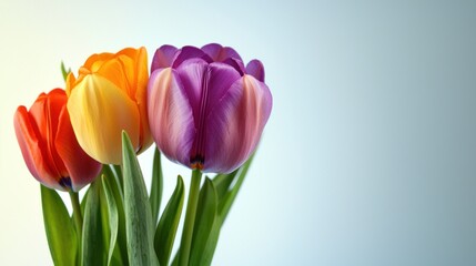 A Close-up of Three Colorful Tulips with Green Leaves against a Light Blue Background