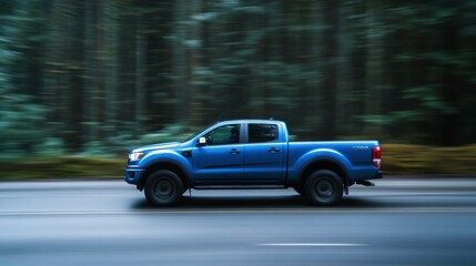 A Blue Pickup Truck Travels Along a Highway Bordered by Dense Forest During a Scenic Drive. Generative AI