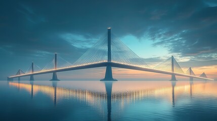 A Suspension Bridge Reflecting in Calm Water at Dusk