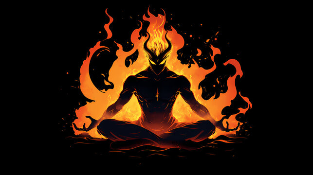 Illustration of an ifrit on a black background. Fire Djinn. Illustration