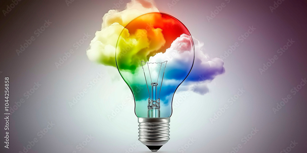 Poster light bulb with lights on the back that change color. concept of creativity and intelligence