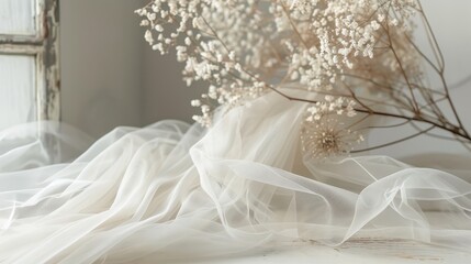 Fototapeta premium Sheer Organza Fabric with Flowing Texture and Delicate Flowers