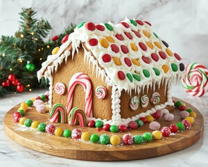 A Christmas gingerbread house kit, with frosting, candies, and all the pieces ready to be assembled