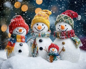 Adorable snowman family with colorful scarves and hats, enjoying a snowy day