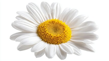 Fototapeta premium Detailed close-up of a white daisy flower with a yellow center, isolated on a white background, perfect for floral or botanical product advertising