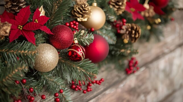 christmas background wallpaper with decoration and ornaments. space for celbration in center of banner