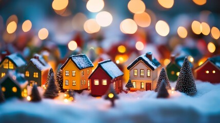 Obraz premium christmas card with little toy houses. xmas background with glitter and lightining houses